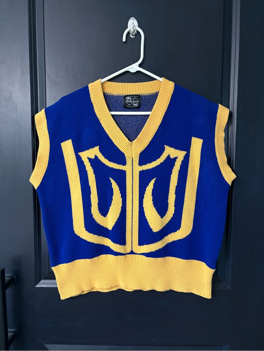 Steady Hands Unisex Blue Yellow Graphic Knit V-Neck Sweater Vest Anime